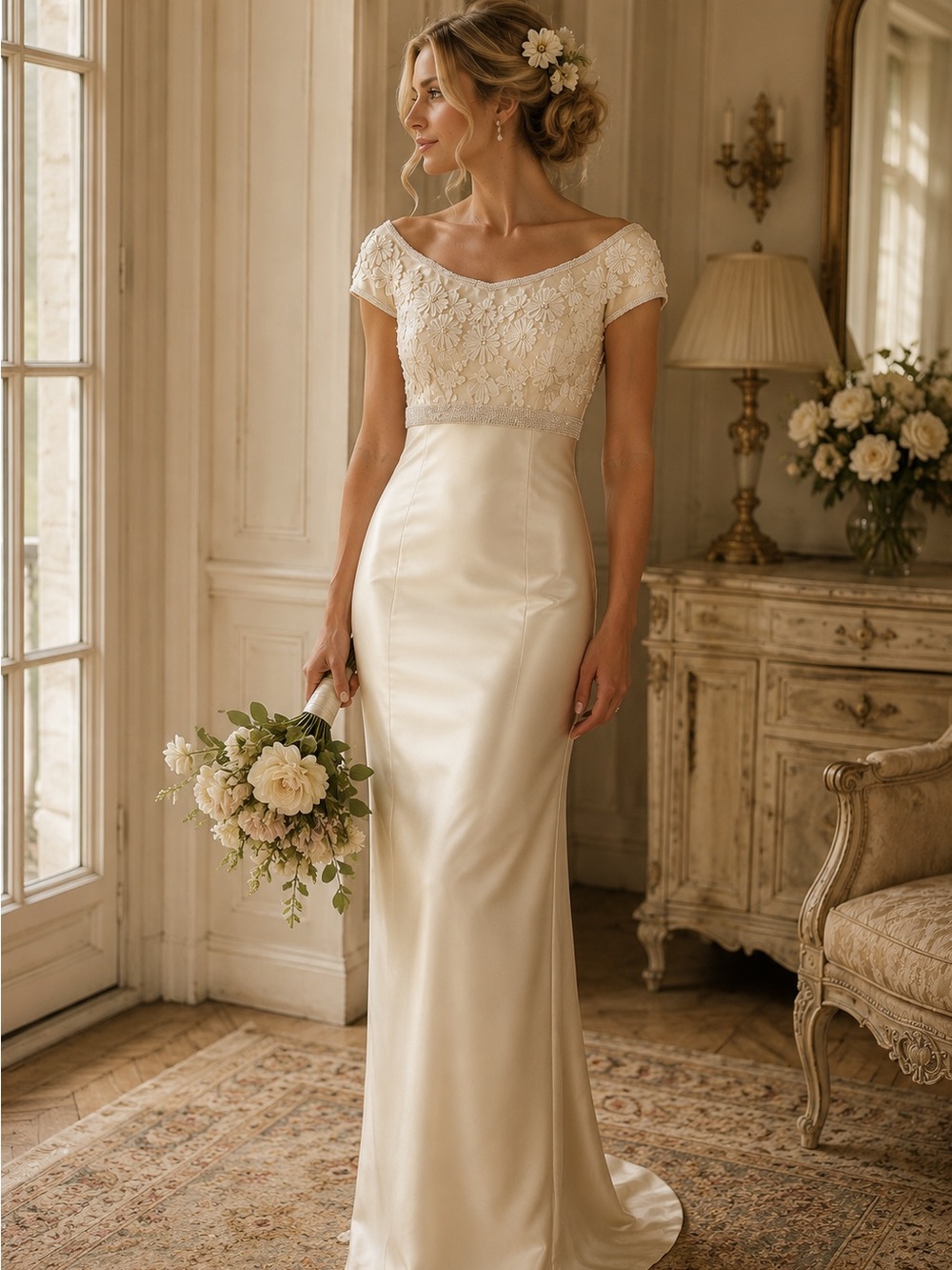 NWOT VTG Ivory Satin Beaded Bridal Gown Detachable Train XS 2-4